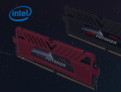 Front tilt view of the GeIL EVO POTENZA DDR4 Memory, with the RAM with black heat spreader on top of the one with red heat spreader   